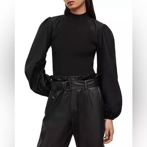 ALLSAINTS Cleo Mixed Media Balloon Sleeve Top Black Silk Size 0